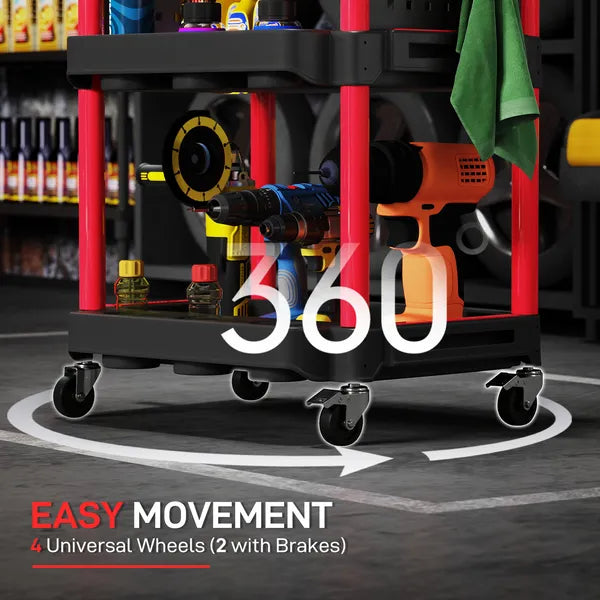 HOMCOM 3-Tier Rolling Tool Cart, 200 LBS Capacity Plastic Utility Cart with Side Shelves for Garage, Workshop, Black and Red - product image 5