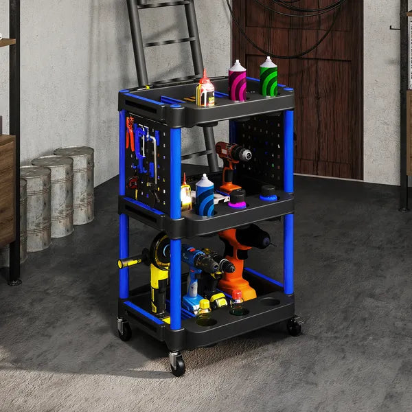 HOMCOM 3-Tier Rolling Tool Cart, 200 LBS Capacity Plastic Utility Cart with Side Shelves for Garage Workshop, Black and Dark Blue - product image 8