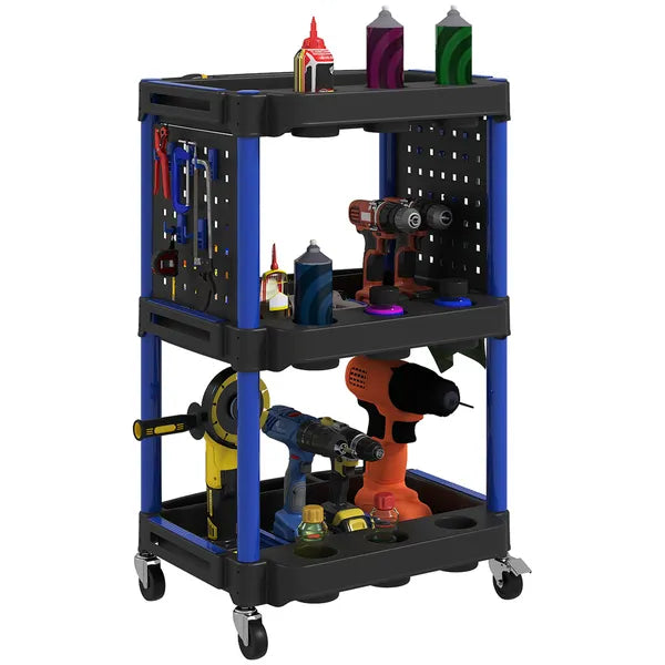HOMCOM 3-Tier Rolling Tool Cart, 200 LBS Capacity Plastic Utility Cart with Side Shelves for Garage Workshop, Black and Dark Blue - product image 11