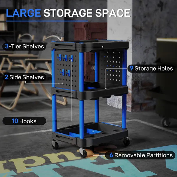 HOMCOM 3-Tier Rolling Tool Cart, 200 LBS Capacity Plastic Utility Cart with Side Shelves for Garage Workshop, Black and Dark Blue - product image 4