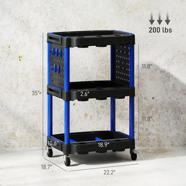 HOMCOM 3-Tier Rolling Tool Cart, 200 LBS Capacity Plastic Utility Cart with Side Shelves for Garage Workshop, Black and Dark Blue - product image 3