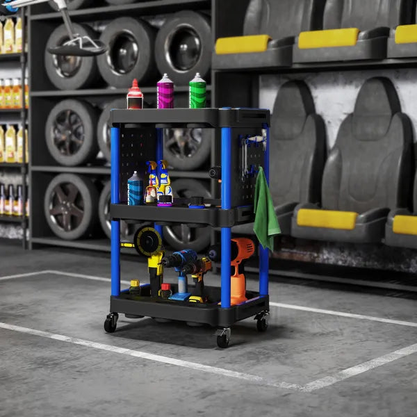 HOMCOM 3-Tier Rolling Tool Cart, 200 LBS Capacity Plastic Utility Cart with Side Shelves for Garage Workshop, Black and Dark Blue - product image 10
