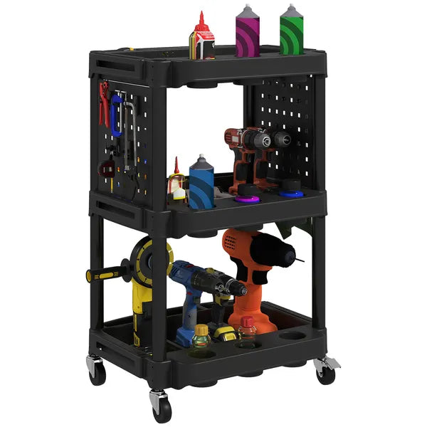 HOMCOM 3-Tier Rolling Tool Cart, 200 LBS Capacity Plastic Utility Cart with Side Shelves for Garage, Workshop, Black - product image 11