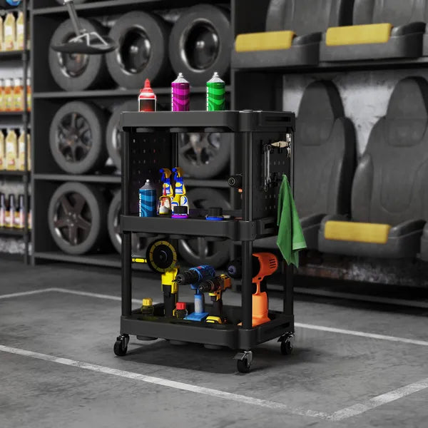 HOMCOM 3-Tier Rolling Tool Cart, 200 LBS Capacity Plastic Utility Cart with Side Shelves for Garage, Workshop, Black - product image 10