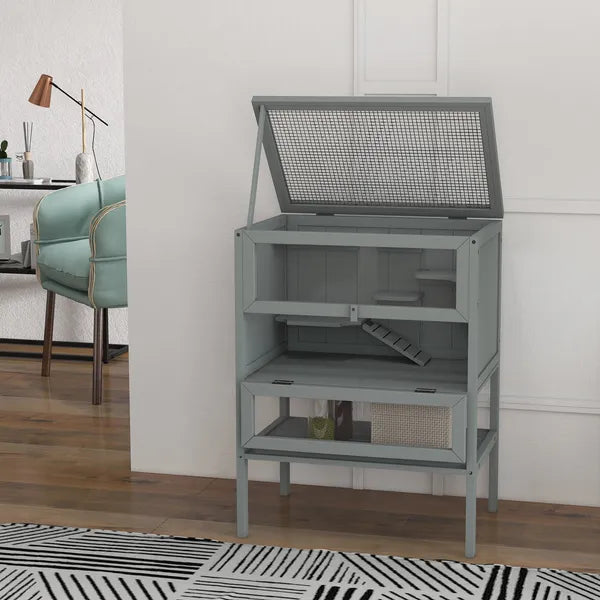 3-Tier Wooden Large Hamster Cage, Mice and Rat Cage Small Animals Hutch with Openable Top, Front Door, Storage Shelf, Gray - product image 11