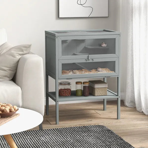 3-Tier Wooden Large Hamster Cage, Mice and Rat Cage Small Animals Hutch with Openable Top, Front Door, Storage Shelf, Gray - product image 2