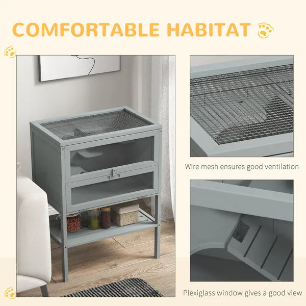 3-Tier Wooden Large Hamster Cage, Mice and Rat Cage Small Animals Hutch with Openable Top, Front Door, Storage Shelf, Gray - product image 6