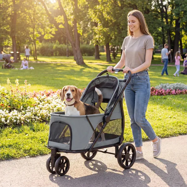 PawHut 3 Wheel Pet Stroller with Easy One-Click Quick Fold, Mesh Window, Washable Cushion, for Medium Dogs, Gray - product image 2