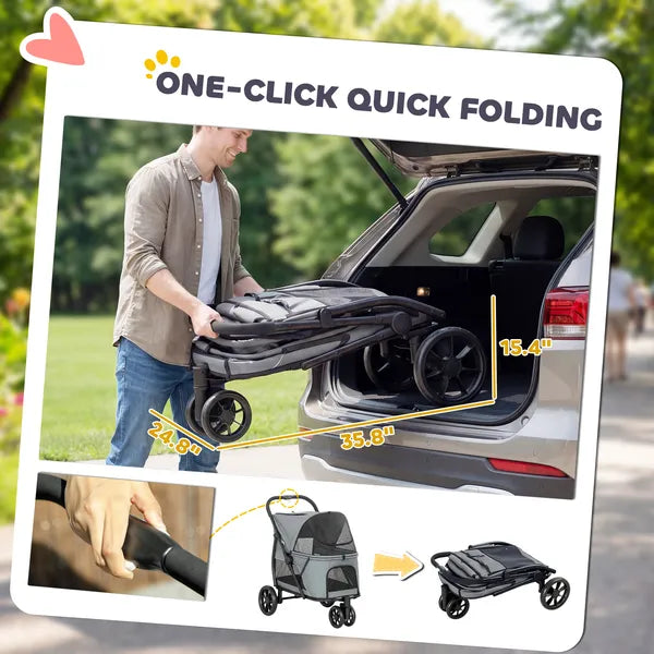 PawHut 3 Wheel Pet Stroller with Easy One-Click Quick Fold, Mesh Window, Washable Cushion, for Medium Dogs, Gray - product image 4