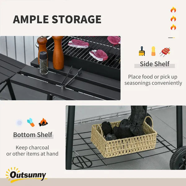 Outsunny 30 Inch Portable Charcoal Barbecue Grill with Wheels Outdoor Barbecue with Adjustable Charcoal Rack, Storage Shelf, for Garden Camping Picnic - product image 6