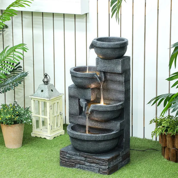 30 Inch 4 Tier Outdoor Resin Water Fountain with LED Lights and Pump, Gray - product image 2