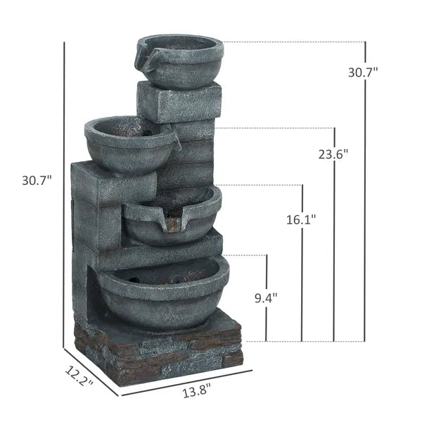 30 Inch 4 Tier Outdoor Resin Water Fountain with LED Lights and Pump, Gray - product image 3