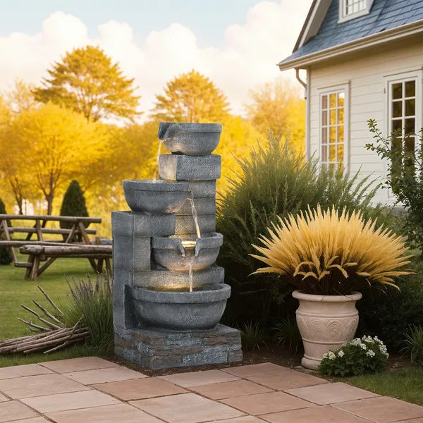 30 Inch 4 Tier Outdoor Resin Water Fountain with LED Lights and Pump, Gray - product image 9