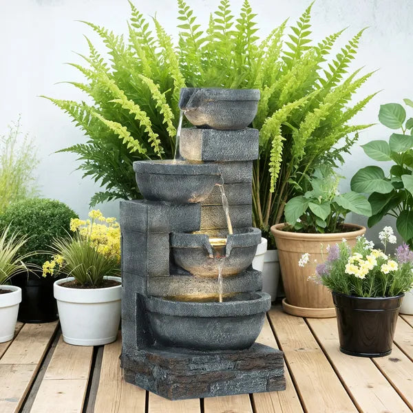 30 Inch 4 Tier Outdoor Resin Water Fountain with LED Lights and Pump, Gray - product image 8