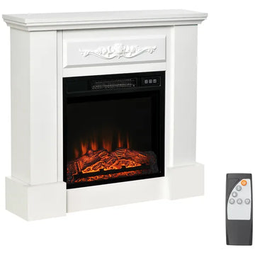 HOMCOM 32 Inch Electric Fireplace with Mantel, Freestanding Heater with LED Log Flame, Overheat Protection and Remote Control, 1400W, White - product image 1