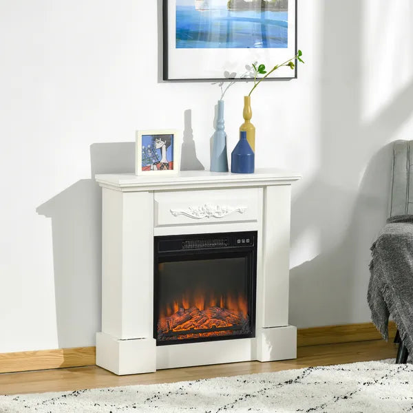 HOMCOM 32 Inch Electric Fireplace with Mantel, Freestanding Heater with LED Log Flame, Overheat Protection and Remote Control, 1400W, White - product image 2