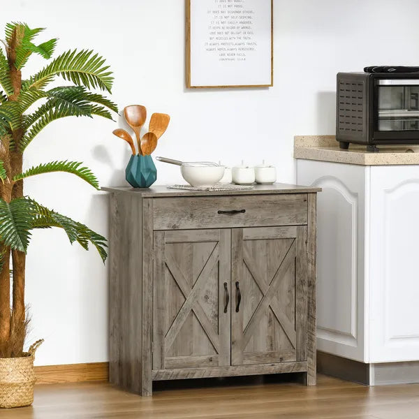 HOMCOM 32" Farmhouse Sideboard Buffet Cabinet, Barn Door Style Coffee Bar for Kitchen, Living Room or Entryway, Gray Wash - product image 2