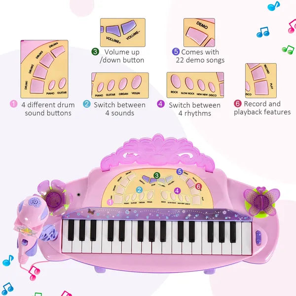 Qaba 32-Key Princess Electronic Toy Piano for Kids, Educational Keyboard Piano with Stool, MP3, Record, Flashing Lights, Microphone for 3-6 Years - product image 4