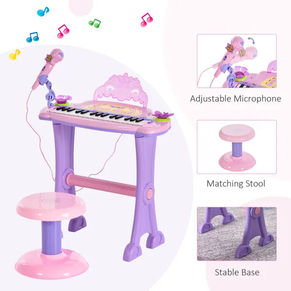 Qaba 32-Key Princess Electronic Toy Piano for Kids, Educational Keyboard Piano with Stool, MP3, Record, Flashing Lights, Microphone for 3-6 Years - product image 6