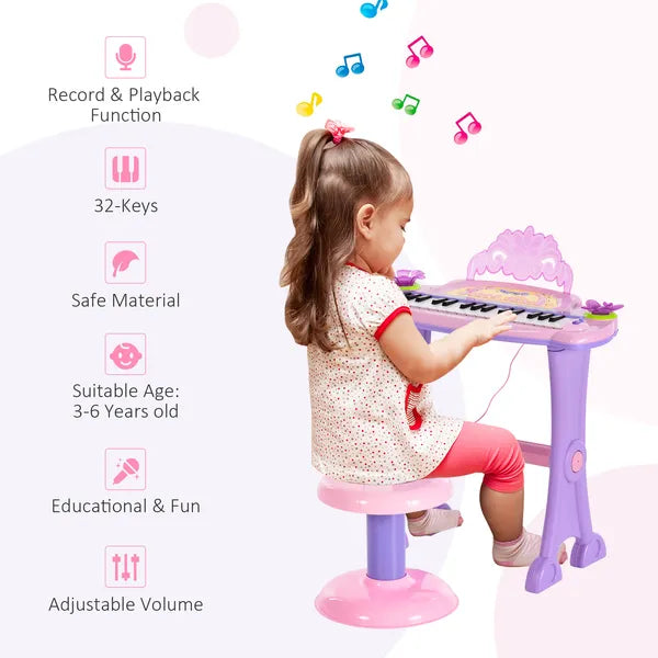 Qaba 32-Key Princess Electronic Toy Piano for Kids, Educational Keyboard Piano with Stool, MP3, Record, Flashing Lights, Microphone for 3-6 Years - product image 7