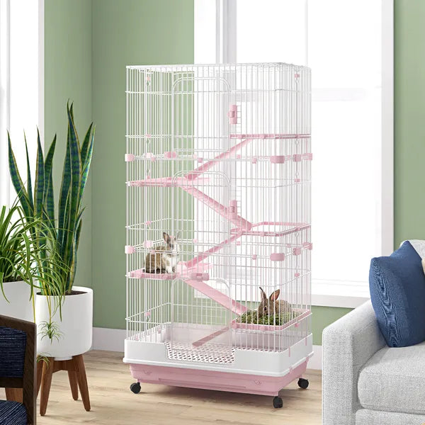 32 Inch 6 Level Small Animal Cage with Wheels and Slide Out Tray, Pink - product image 2
