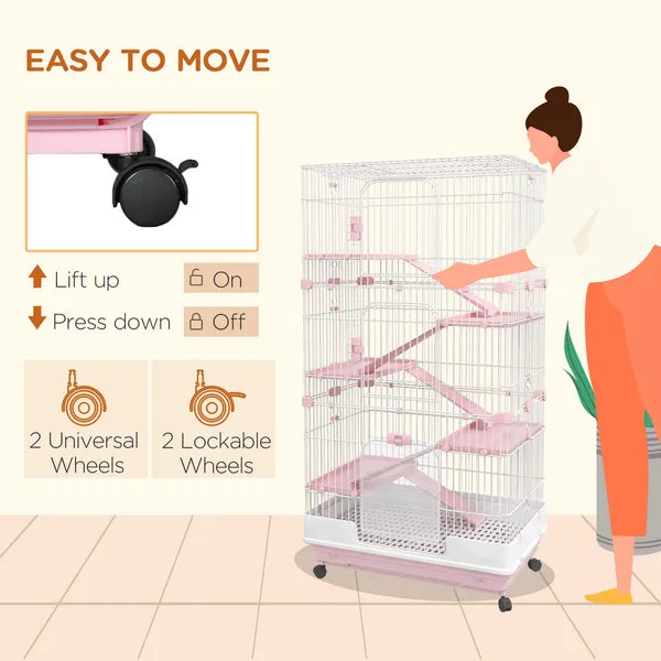 32 Inch 6 Level Small Animal Cage with Wheels and Slide Out Tray, Pink - product image 5