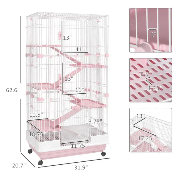 32 Inch 6 Level Small Animal Cage with Wheels and Slide Out Tray, Pink - product image 3