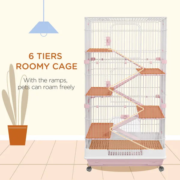 32 Inch 6 Level Small Animal Cage with Wheels and Slide Out Tray, Pink - product image 4