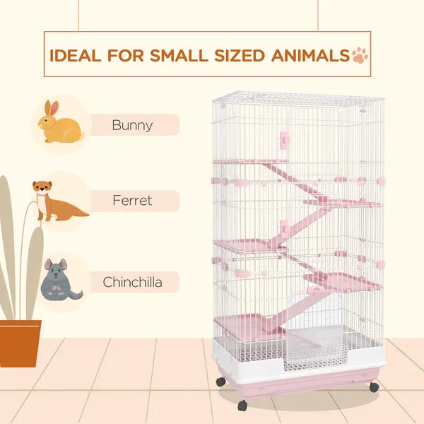 32 Inch 6 Level Small Animal Cage with Wheels and Slide Out Tray, Pink - product image 6