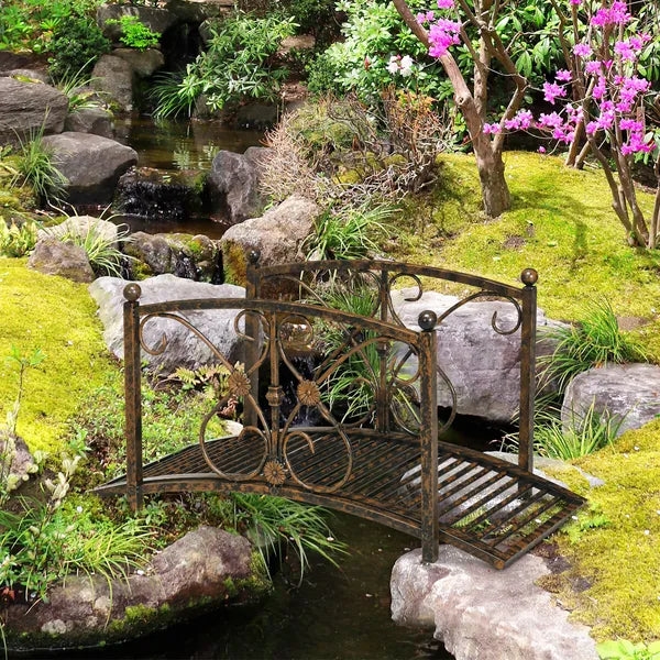 Outsunny 3.3 Ft Metal Zen Garden Bridge, Decorative Arch, Safety Siderails, Floral Scrollwork, Brown - product image 6