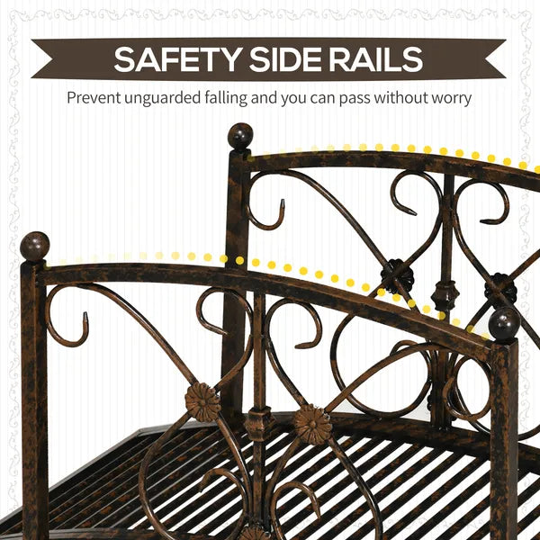 Outsunny 3.3 Ft Metal Zen Garden Bridge, Decorative Arch, Safety Siderails, Floral Scrollwork, Brown - product image 5