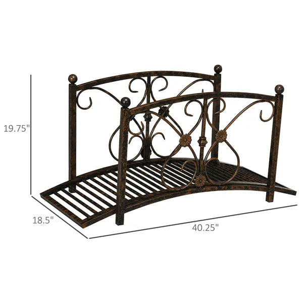Outsunny 3.3 Ft Metal Zen Garden Bridge, Decorative Arch, Safety Siderails, Floral Scrollwork, Brown - product image 3