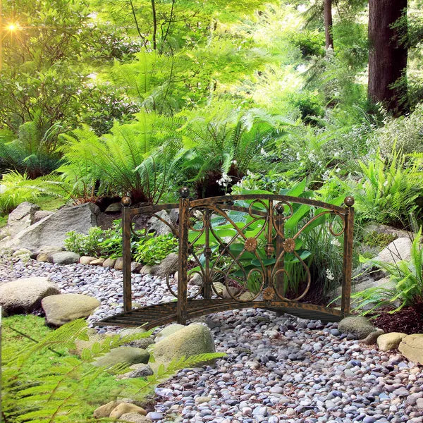 Outsunny 3.3 Ft Metal Zen Garden Bridge, Decorative Arch, Safety Siderails, Floral Scrollwork, Brown - product image 2
