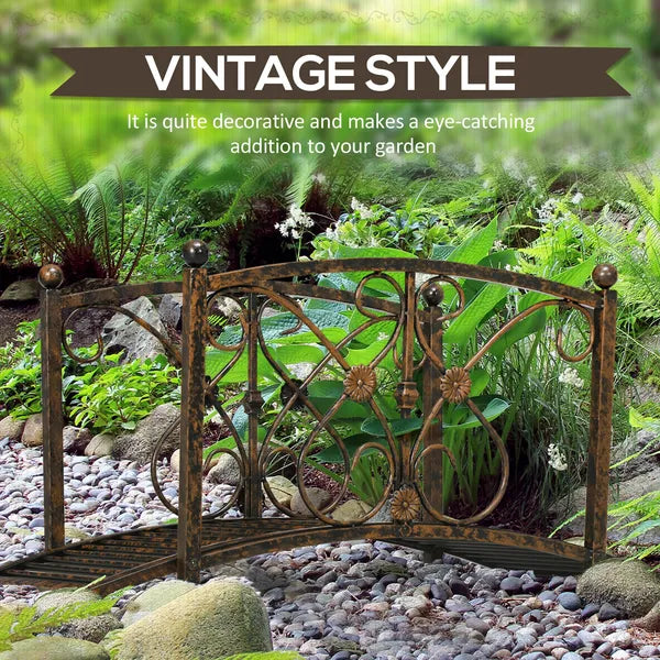 Outsunny 3.3 Ft Metal Zen Garden Bridge, Decorative Arch, Safety Siderails, Floral Scrollwork, Brown - product image 4