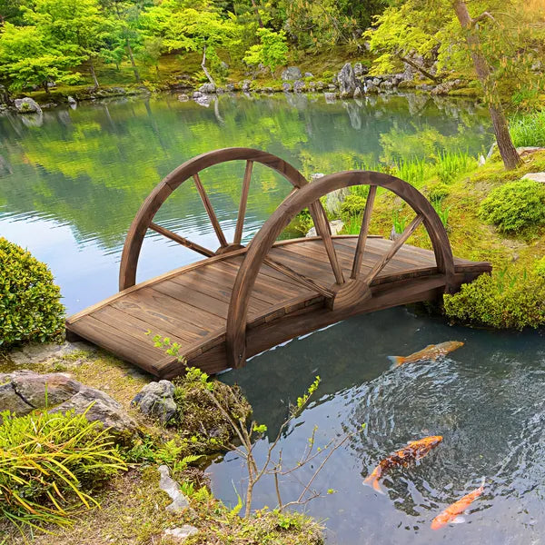 Outsunny 3.3 Ft Wooden Garden Bridge Arc Footbridge with Half-Wheel Style Railings and Solid Fir Construction, Stained Wood - product image 10