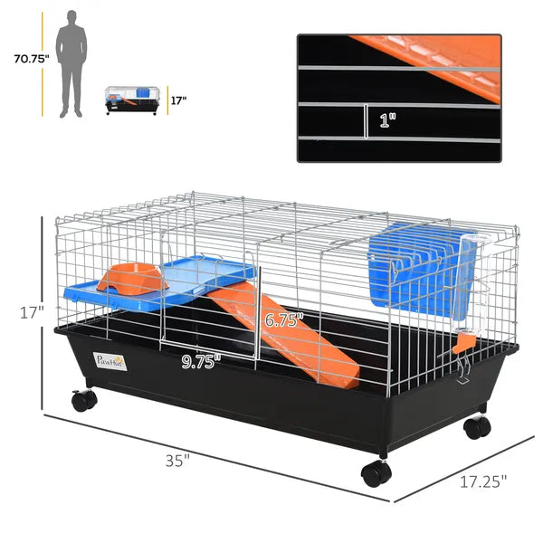 35L Bunny Hutch Rolling Small Animal Cage Guinea Pig Home with Food Dish Water Bottle Hay Feeder Ramp Black - product image 3