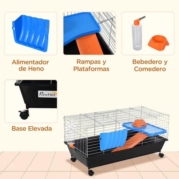 35L Bunny Hutch Rolling Small Animal Cage Guinea Pig Home with Food Dish Water Bottle Hay Feeder Ramp Black - product image 6