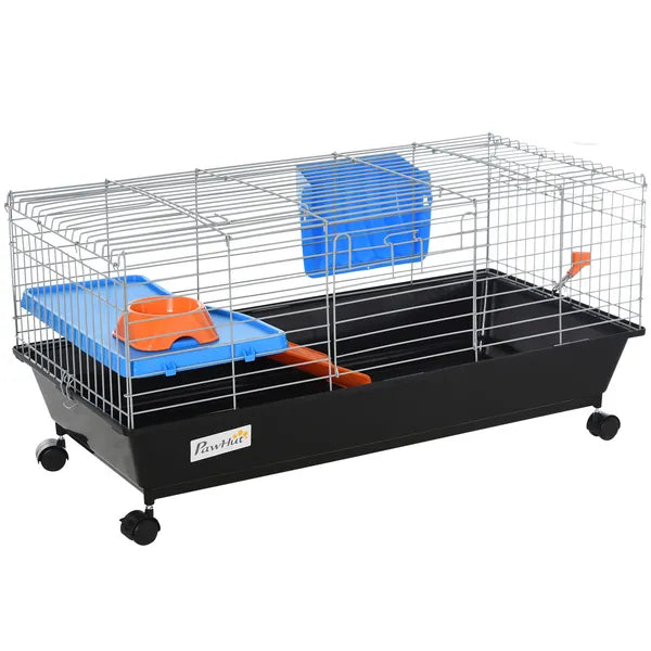 35L Bunny Hutch Rolling Small Animal Cage Guinea Pig Home with Food Dish Water Bottle Hay Feeder Ramp Black - product image 11