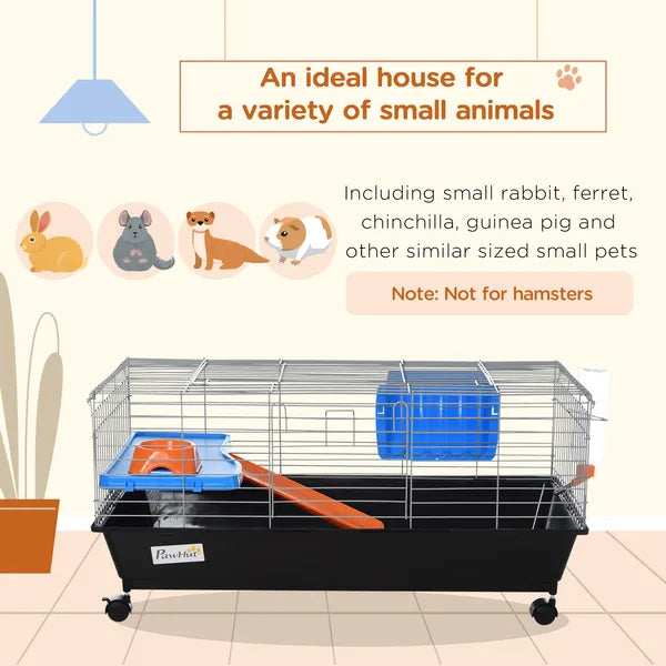 35L Bunny Hutch Rolling Small Animal Cage Guinea Pig Home with Food Dish Water Bottle Hay Feeder Ramp Black - product image 4