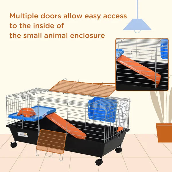 35L Bunny Hutch Rolling Small Animal Cage Guinea Pig Home with Food Dish Water Bottle Hay Feeder Ramp Black - product image 7