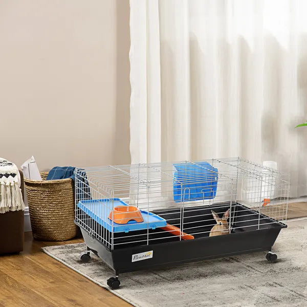 35L Bunny Hutch Rolling Small Animal Cage Guinea Pig Home with Food Dish Water Bottle Hay Feeder Ramp Black - product image 2
