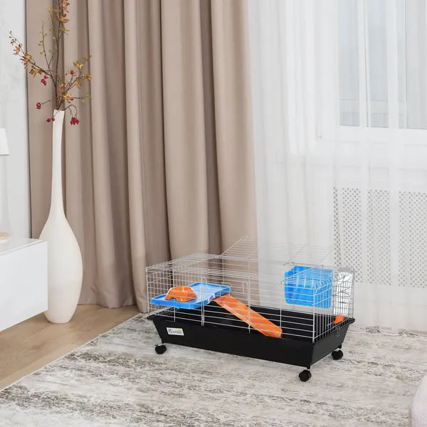 35L Bunny Hutch Rolling Small Animal Cage Guinea Pig Home with Food Dish Water Bottle Hay Feeder Ramp Black - product image 10