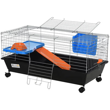 35L Bunny Hutch Rolling Small Animal Cage Guinea Pig Home with Food Dish Water Bottle Hay Feeder Ramp Black - product image 1