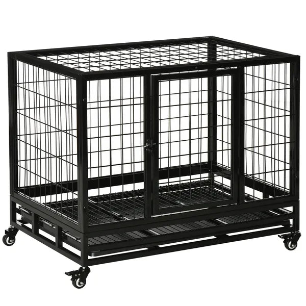 PawHut 36" Heavy Duty Dog Crate with Removable Tray, Lockable Wheels and Double Door, for Medium and Large Dogs, Black - product image 11