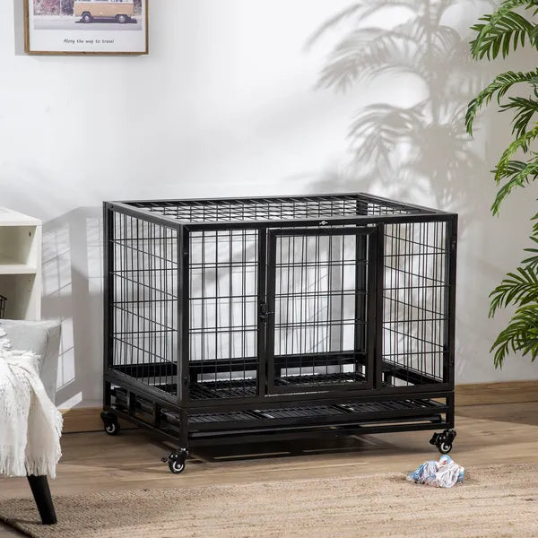 PawHut 36" Heavy Duty Dog Crate with Removable Tray, Lockable Wheels and Double Door, for Medium and Large Dogs, Black - product image 10