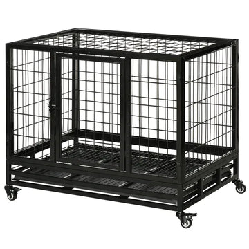 PawHut 36" Heavy Duty Dog Crate with Removable Tray, Lockable Wheels and Double Door, for Medium and Large Dogs, Black - product image 1