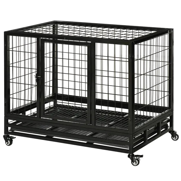 PawHut 36" Heavy Duty Dog Crate with Removable Tray, Lockable Wheels and Double Door, for Medium and Large Dogs, Black - product image 1