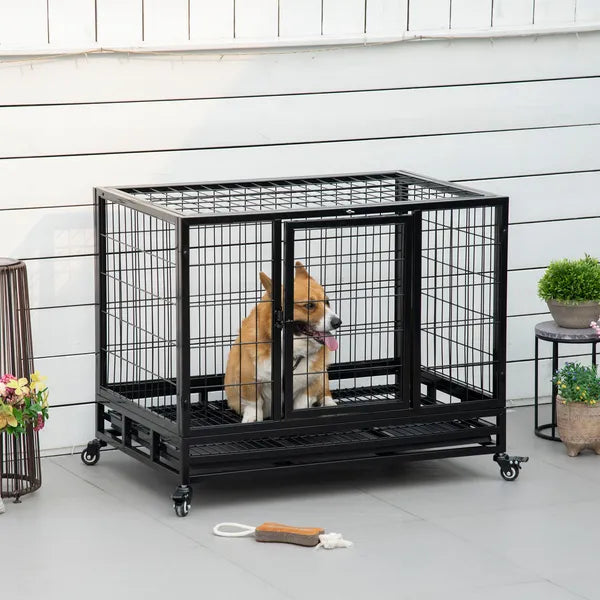 PawHut 36" Heavy Duty Dog Crate with Removable Tray, Lockable Wheels and Double Door, for Medium and Large Dogs, Black - product image 2