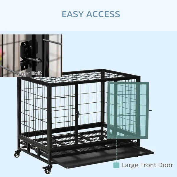 PawHut 36" Heavy Duty Dog Crate with Removable Tray, Lockable Wheels and Double Door, for Medium and Large Dogs, Black - product image 5