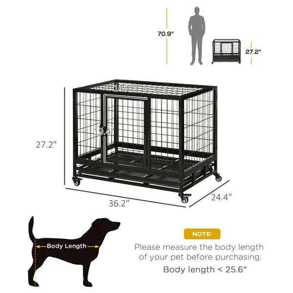 PawHut 36" Heavy Duty Dog Crate with Removable Tray, Lockable Wheels and Double Door, for Medium and Large Dogs, Black - product image 3